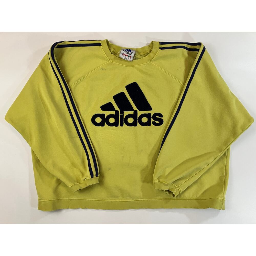 Vintage Adidas Women L Yellow Cropped Sweatshirt Big Logo Distressed 3 Stripe